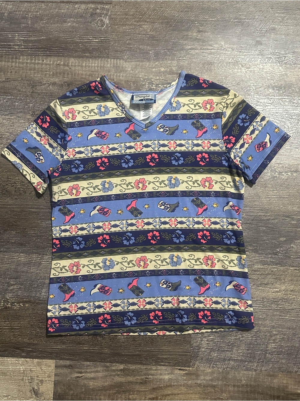 Wrangler Blue Floral & Boot-Striped V-Neck Tee